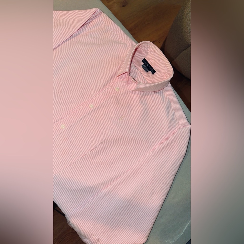 Ralph Lauren Women’s Pink/White Striped Oxford Slim Fit Button Down Shirt - Sz 0